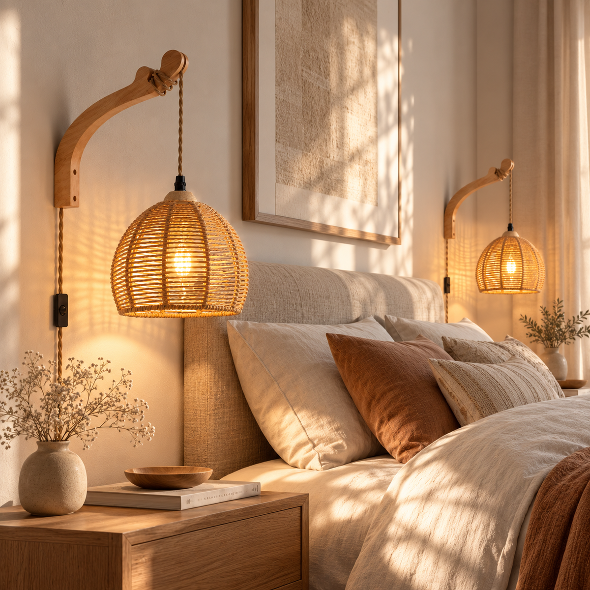 Applique murale en rotin avec prise – Bois naturel