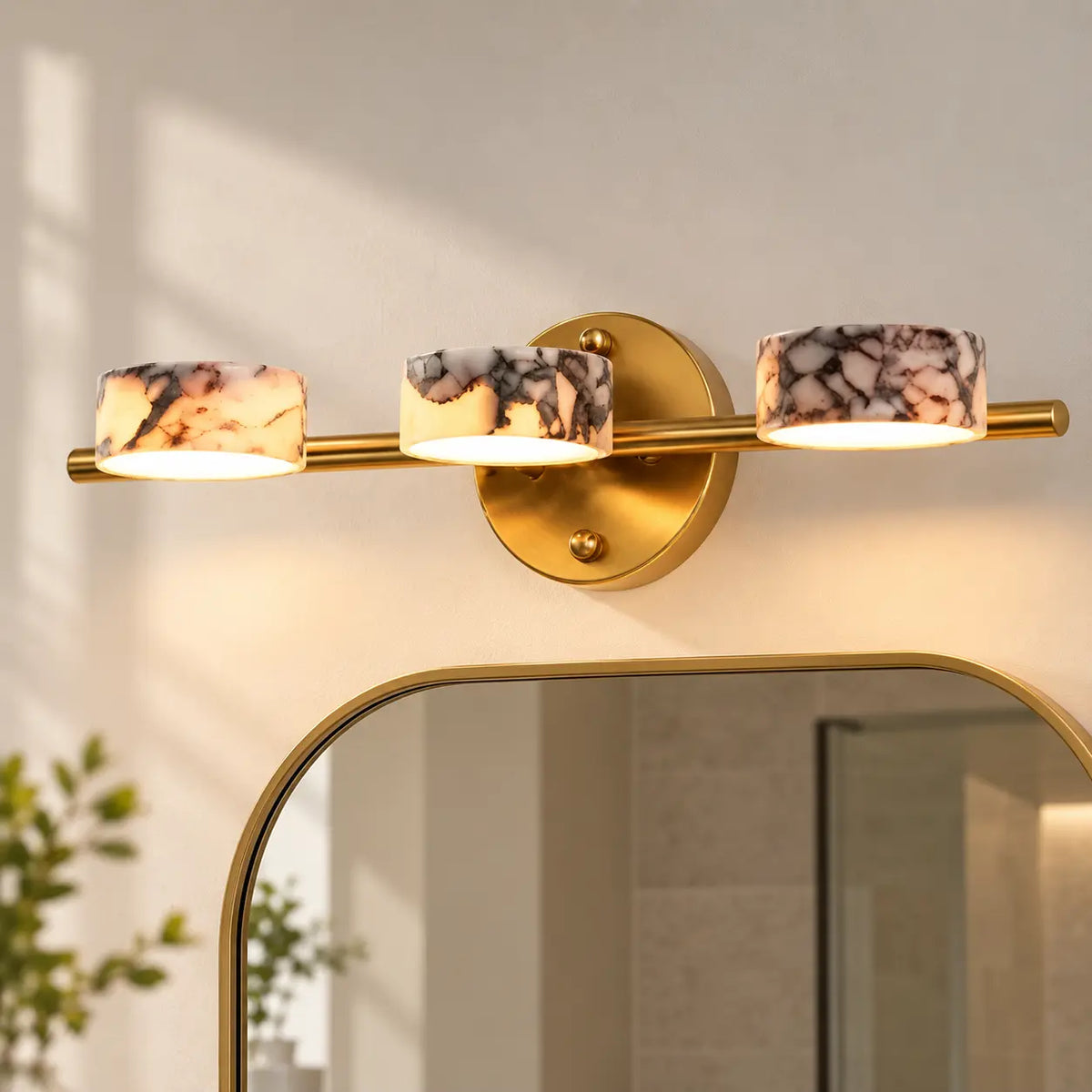 Applique murale salle de bain LED en marbre naturel doré – 3 lumières
