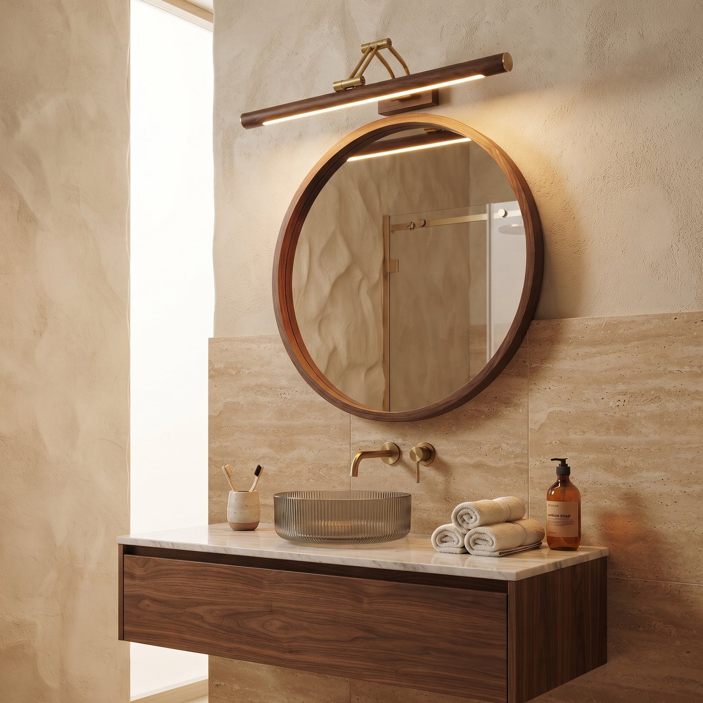 Applique murale salle de bain design bois doré – Lampe LED miroir moderne