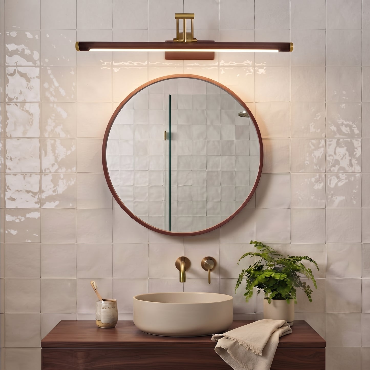Applique murale salle de bain design bois doré – Lampe LED miroir moderne