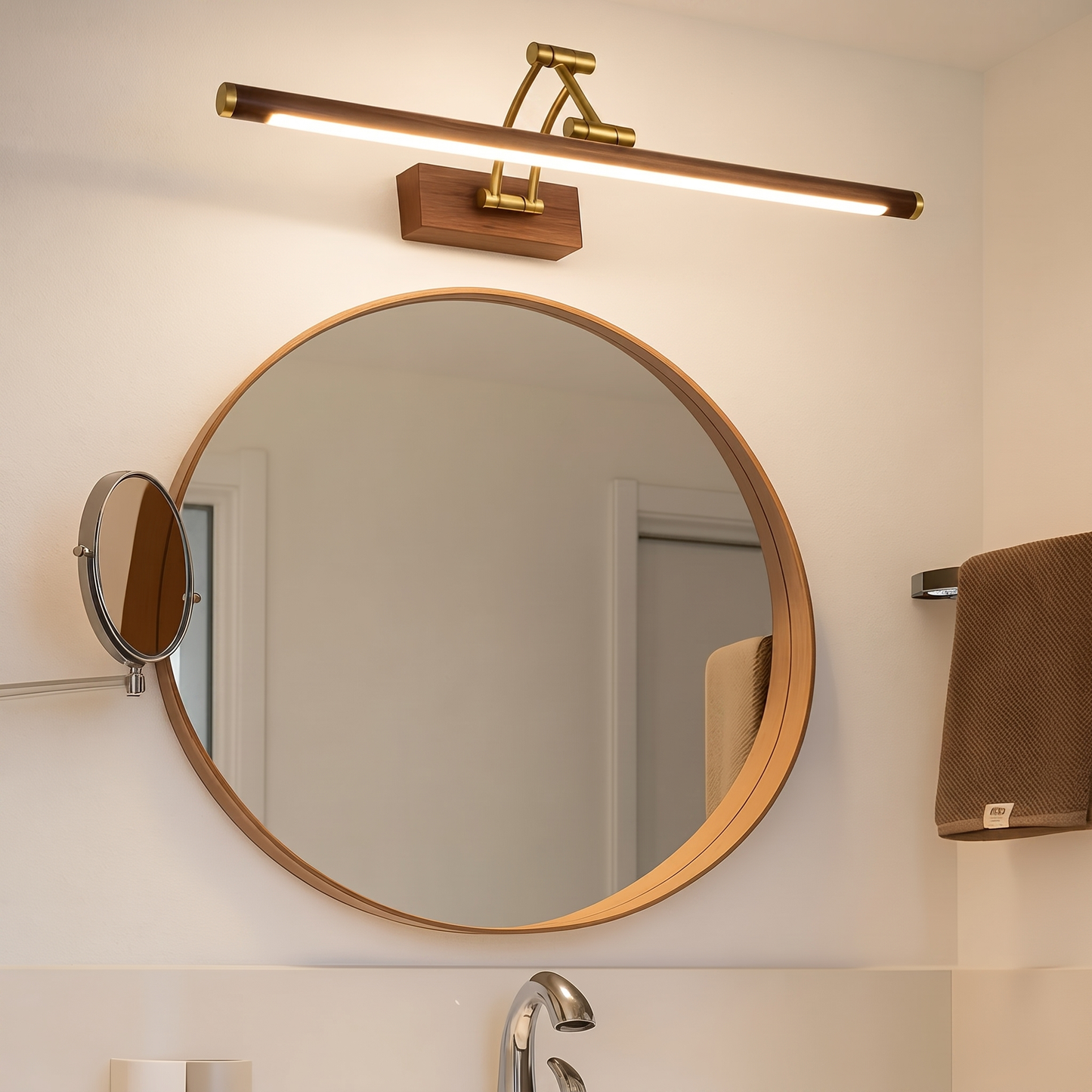 Applique murale salle de bain design bois doré – Lampe LED miroir moderne