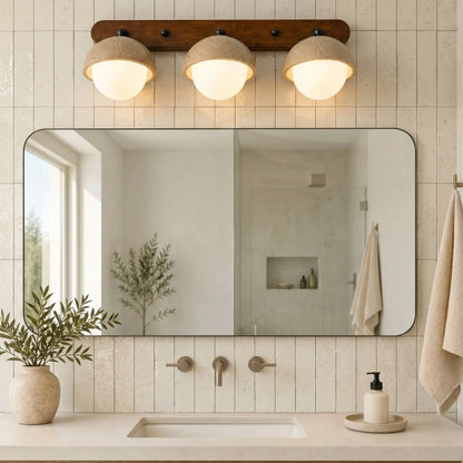 Applique murale salle de bain travertin et bois - globe opalin - Style wabi-sabi organique