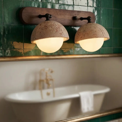 Applique murale salle de bain travertin et bois - globe opalin - Style wabi-sabi organique