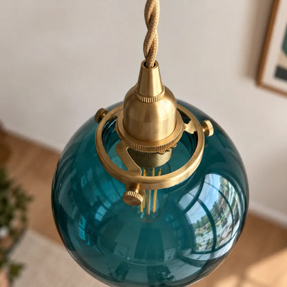 Suspension Boule Verre Bleu Canard Vintage Laiton