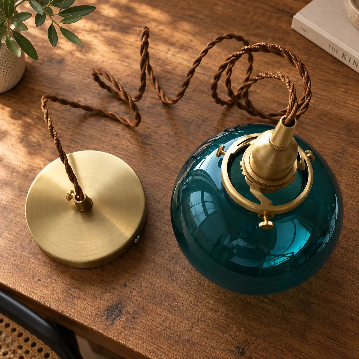 Suspension Boule Verre Bleu Canard Vintage Laiton