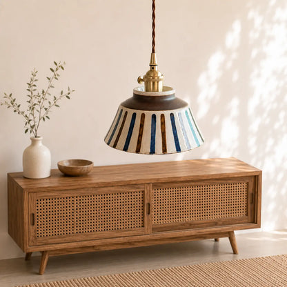 Suspension Design Rétro Céramique Motif Artisanal Peint Main Laiton