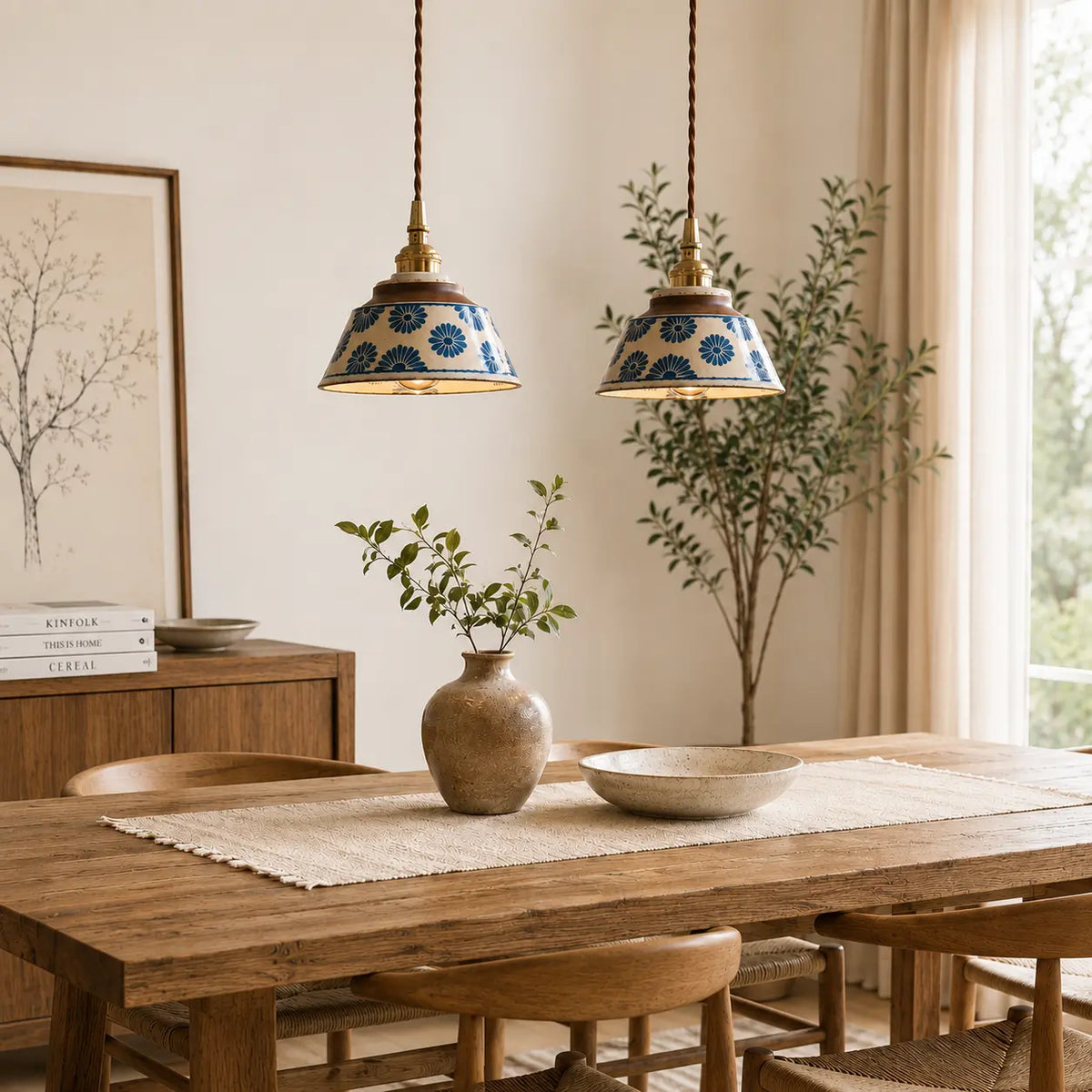 Suspension Design Rétro Céramique Motif Artisanal Peint Main Laiton
