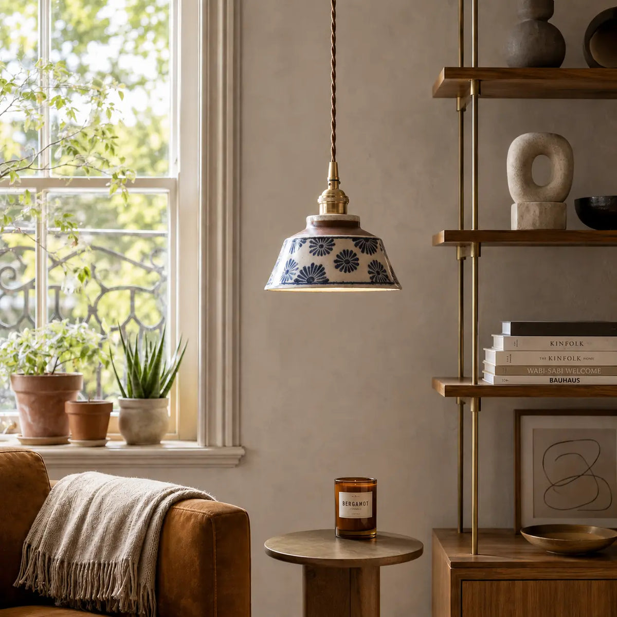 Suspension Design Rétro Céramique Motif Artisanal Peint Main Laiton