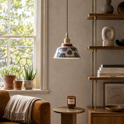 Suspension Design Rétro Céramique Motif Artisanal Peint Main Laiton