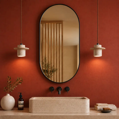 Suspension Disque Travertin Brut & Bois Massif Design