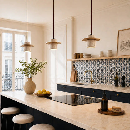 Suspension Disque Travertin Brut & Bois Massif Design