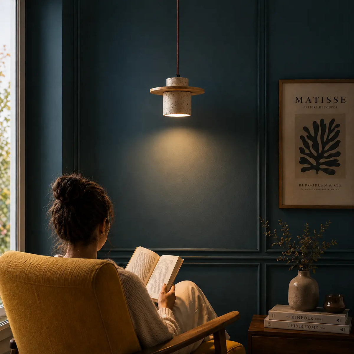 Suspension Disque Travertin Brut & Bois Massif Design