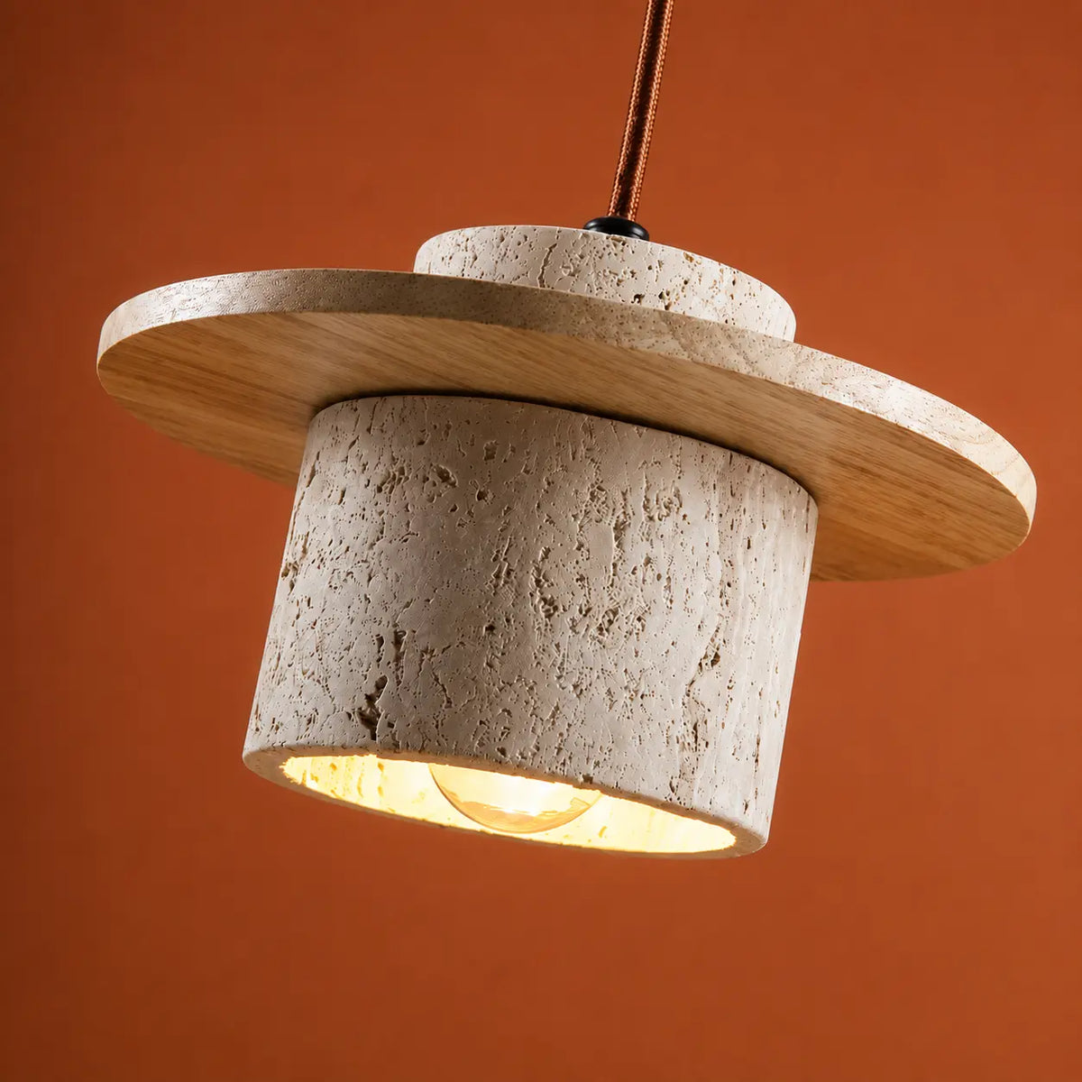 Suspension Disque Travertin Brut & Bois Massif Design