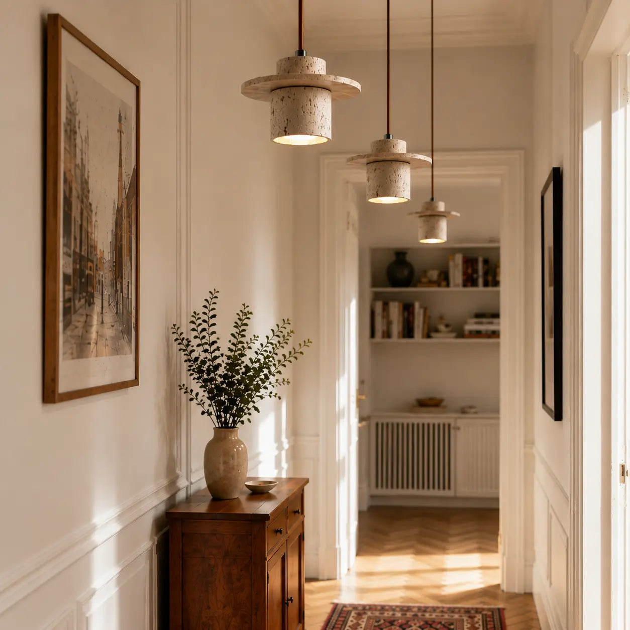 Suspension Disque Travertin Brut & Bois Massif Design