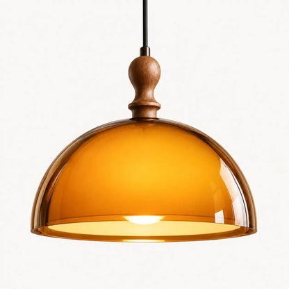 Suspension Dôme Verre Ambré Design Vintage Bois