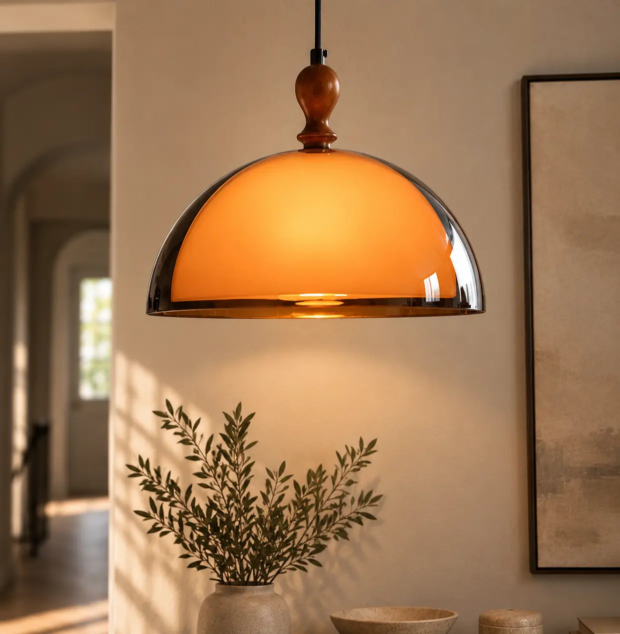 Suspension Dôme Verre Ambré Design Vintage Bois