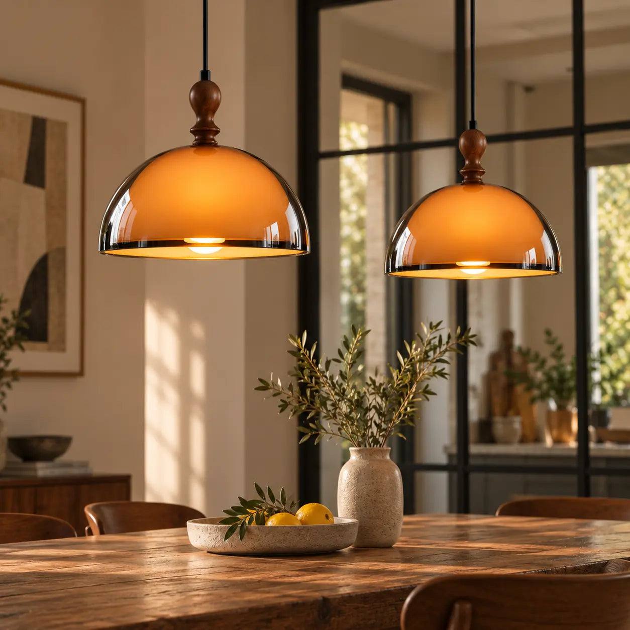 Suspension Dôme Verre Ambré Design Vintage Bois