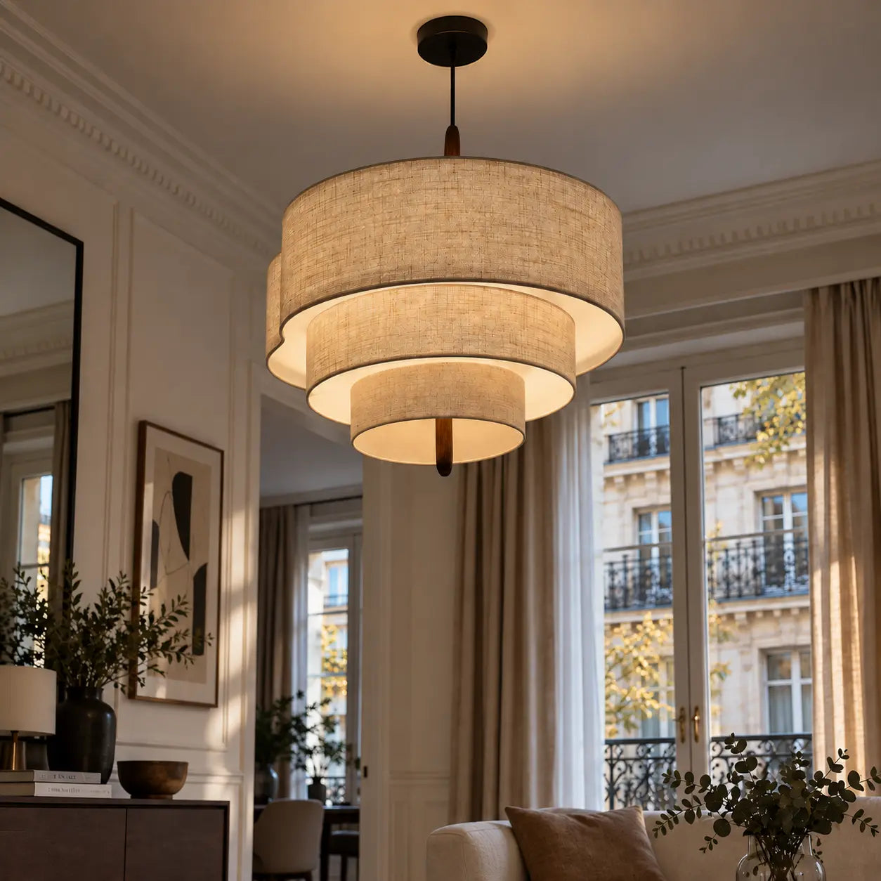Suspension Tissu Lin Beige Design Japandi Étagée