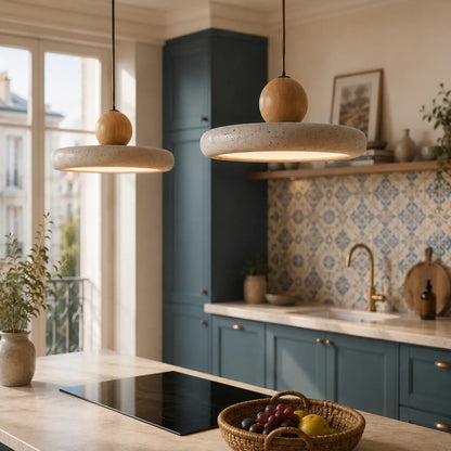 Suspension Travertin & Bois Design Disque Épuré LED