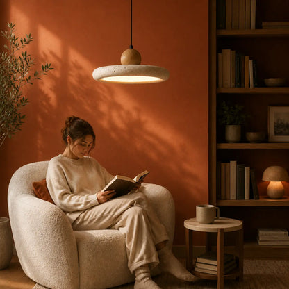 Suspension Travertin & Bois Design Disque Épuré LED