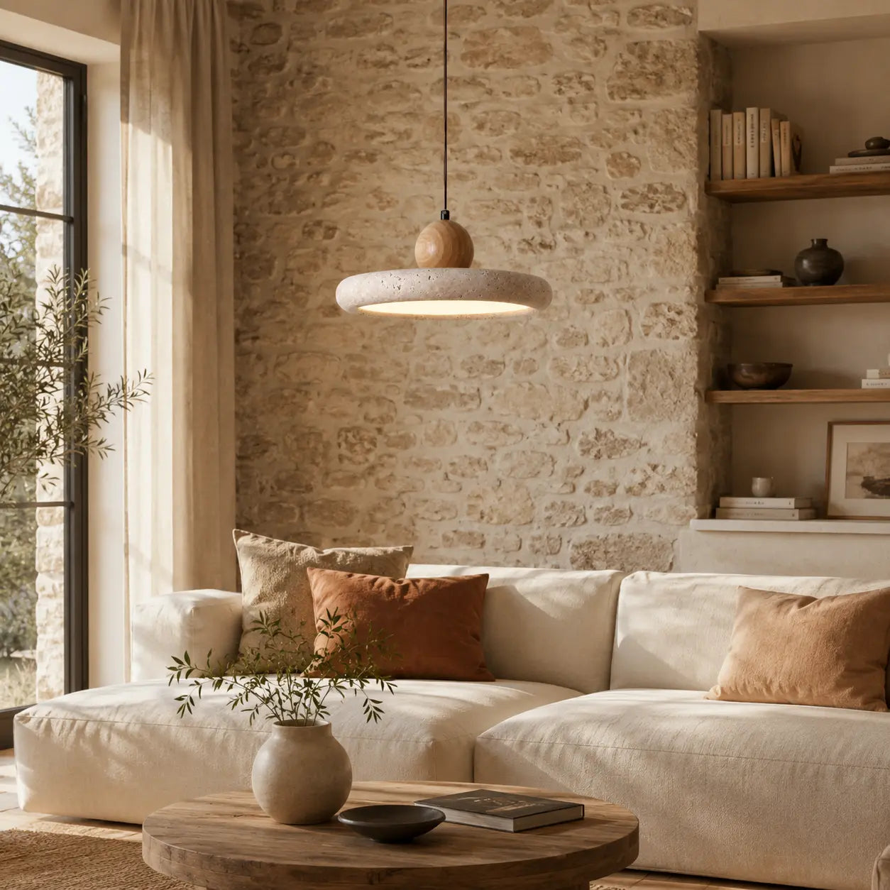 Suspension Travertin & Bois Design Disque Épuré LED