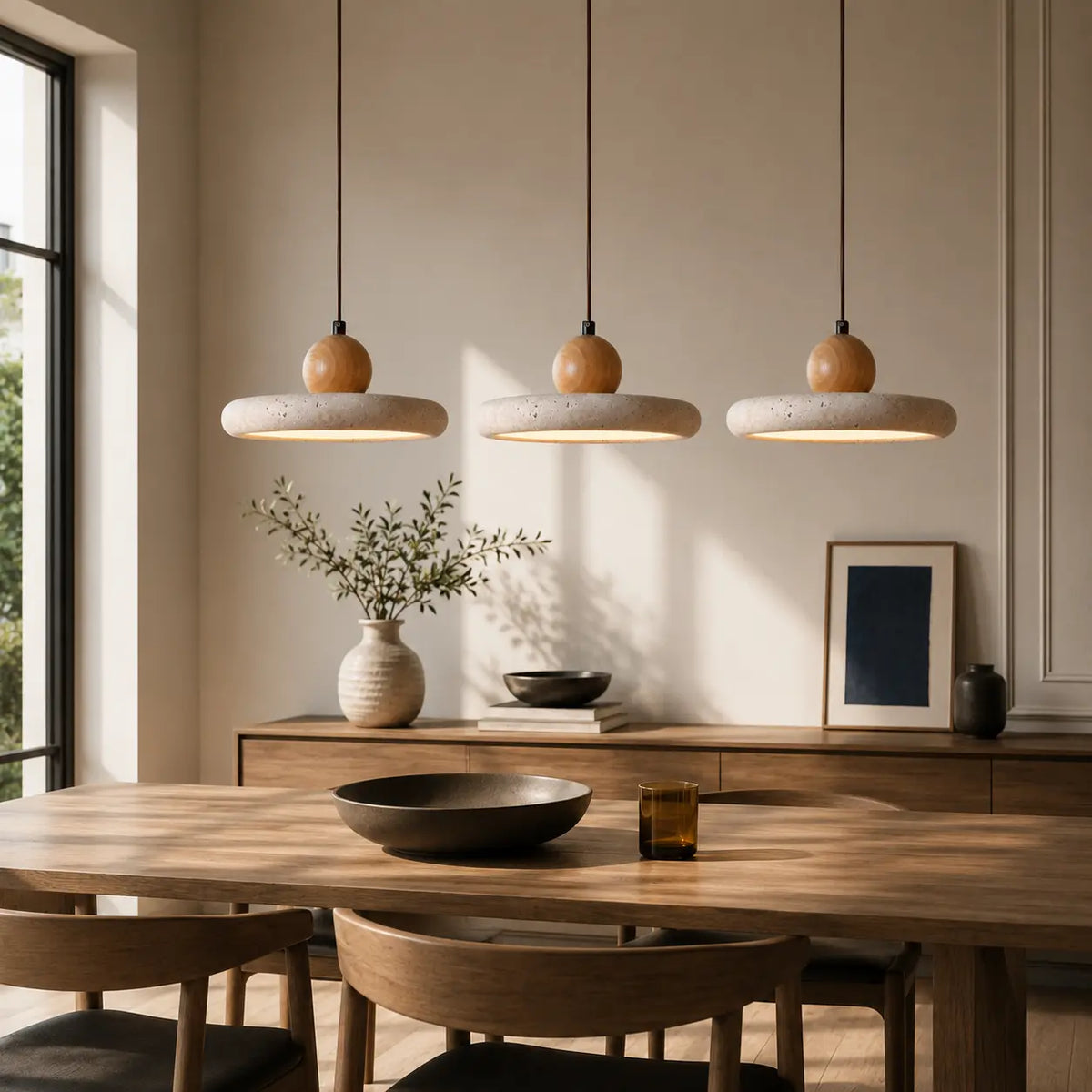 Suspension Travertin & Bois Design Disque Épuré LED