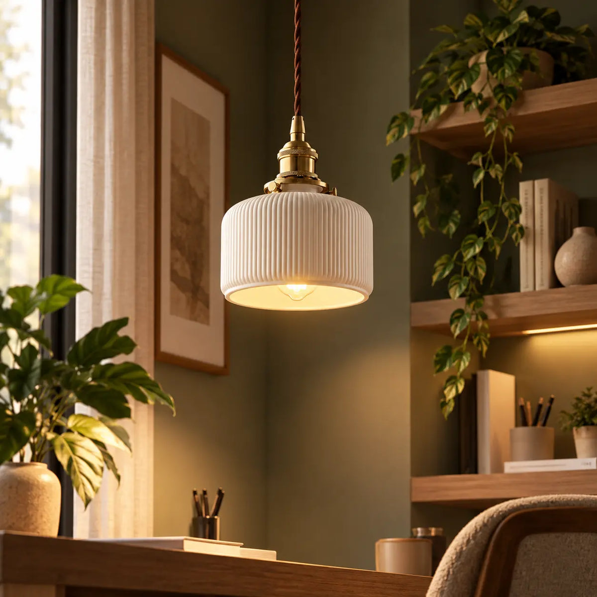 Suspension Vintage en Céramique Blanche et Dorée – Luminaire Rétro
