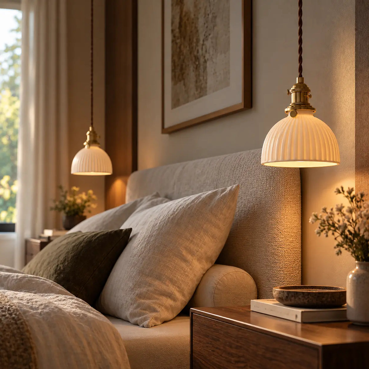 Suspension Vintage en Céramique Blanche et Dorée – Luminaire Rétro