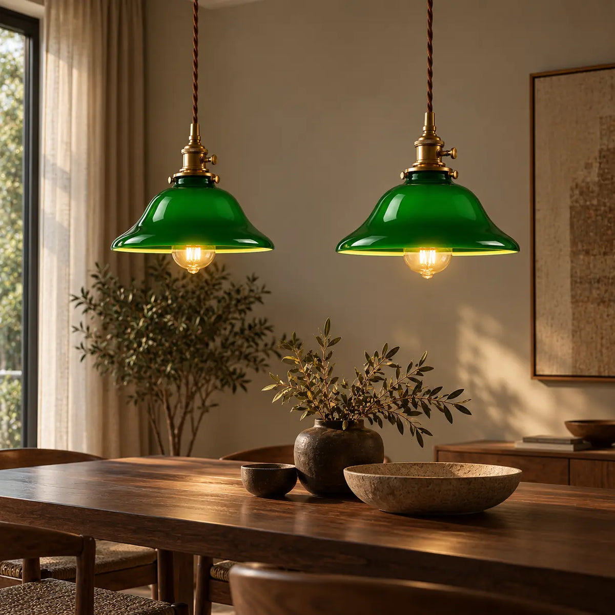 Suspension Vintage en Verre Vert et Laiton – Luminaire Rétro E27