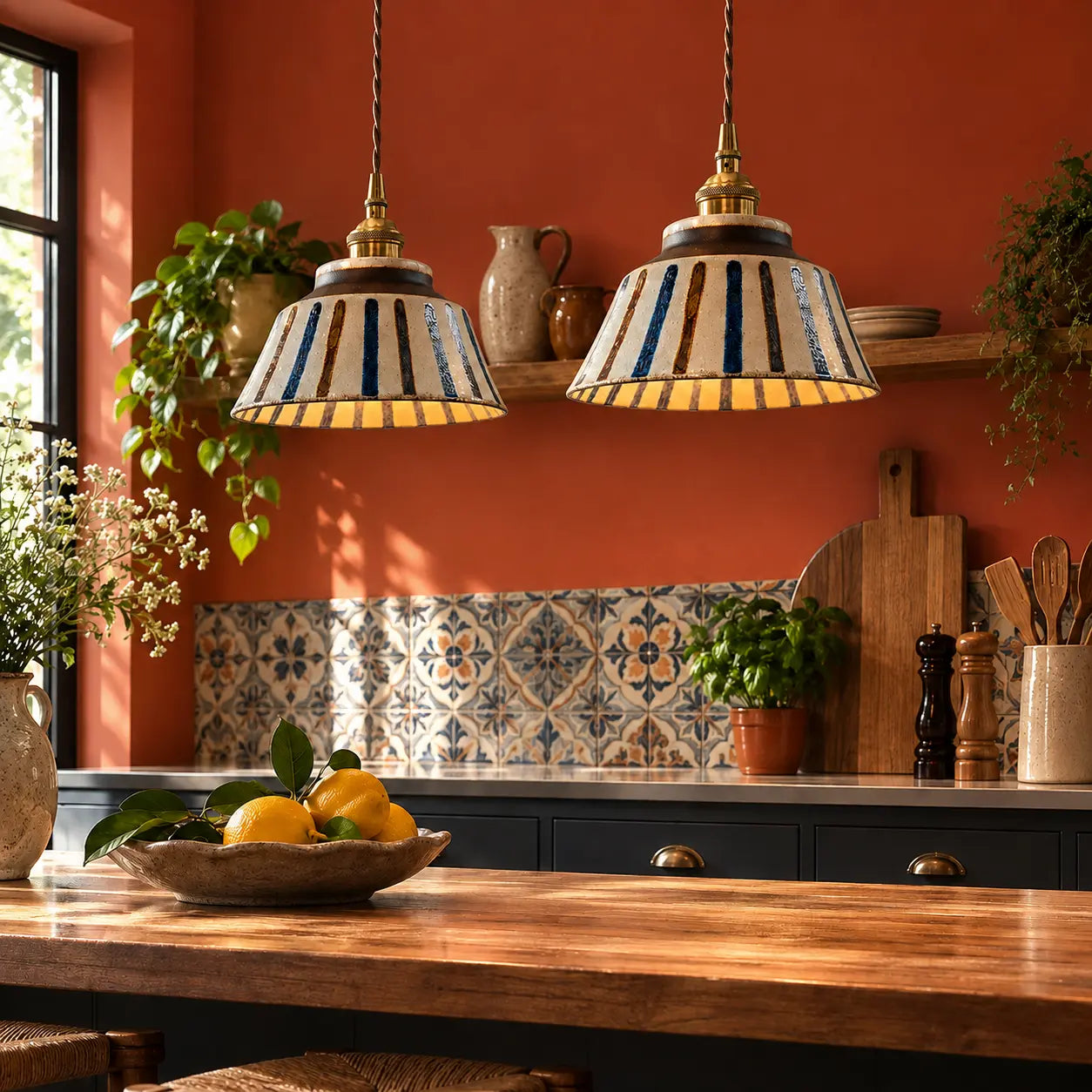 Suspension Design Rétro Céramique Motif Artisanal Peint Main Laiton