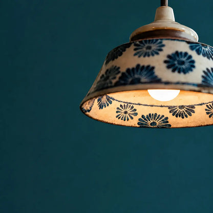 Suspension Design Rétro Céramique Motif Artisanal Peint Main Laiton